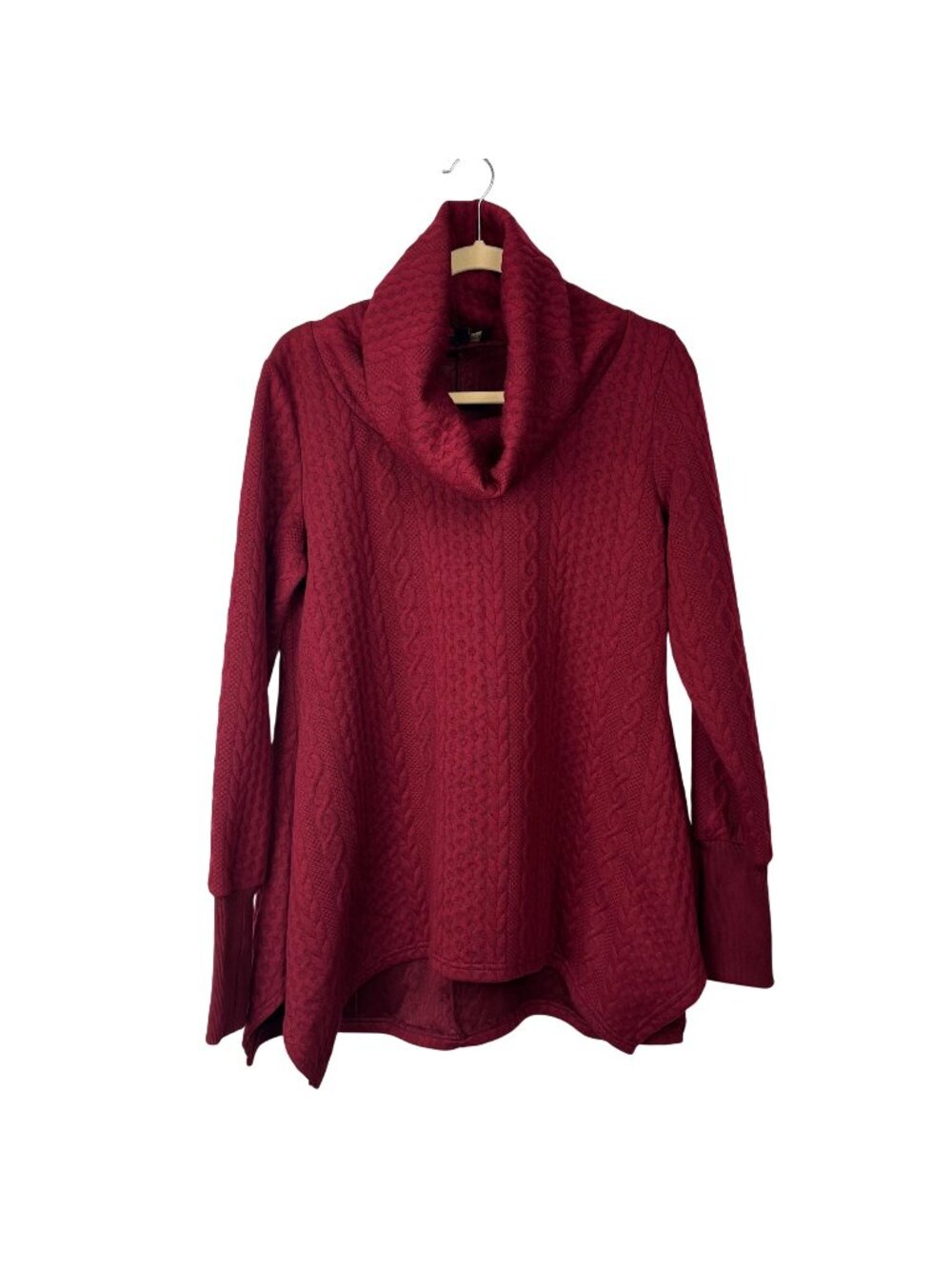 ✨3/$30 Suzan Betro L Red Burgundy Cable Knit Cowl Neck Tunic Sweater Top